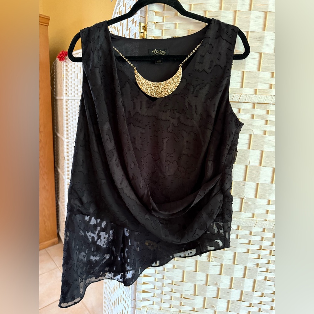 Thalia Sodi Black Sheer Blouse with Gold Necklace Accent Asymmetrical Hemline